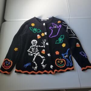 Vintage BellePointe Sweater Womens Large Black Halloween Cardigan Skeleton Ghost